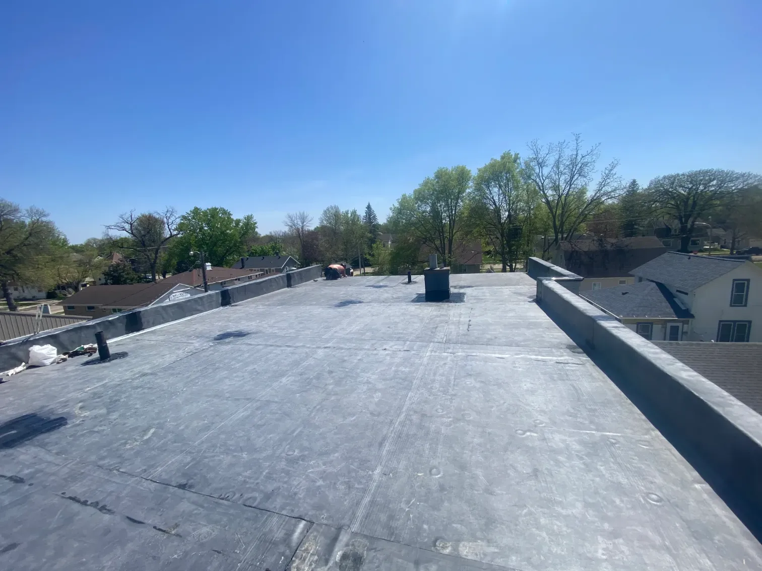 Newly installed flat roof in a commercial building