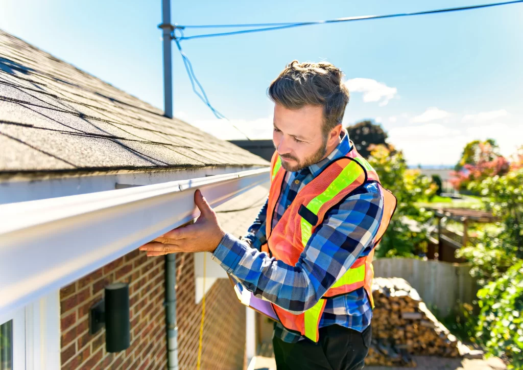 A roofing contractor on a ladder examining a house roof to determine if it needs repair or full replacement in Minnesota.