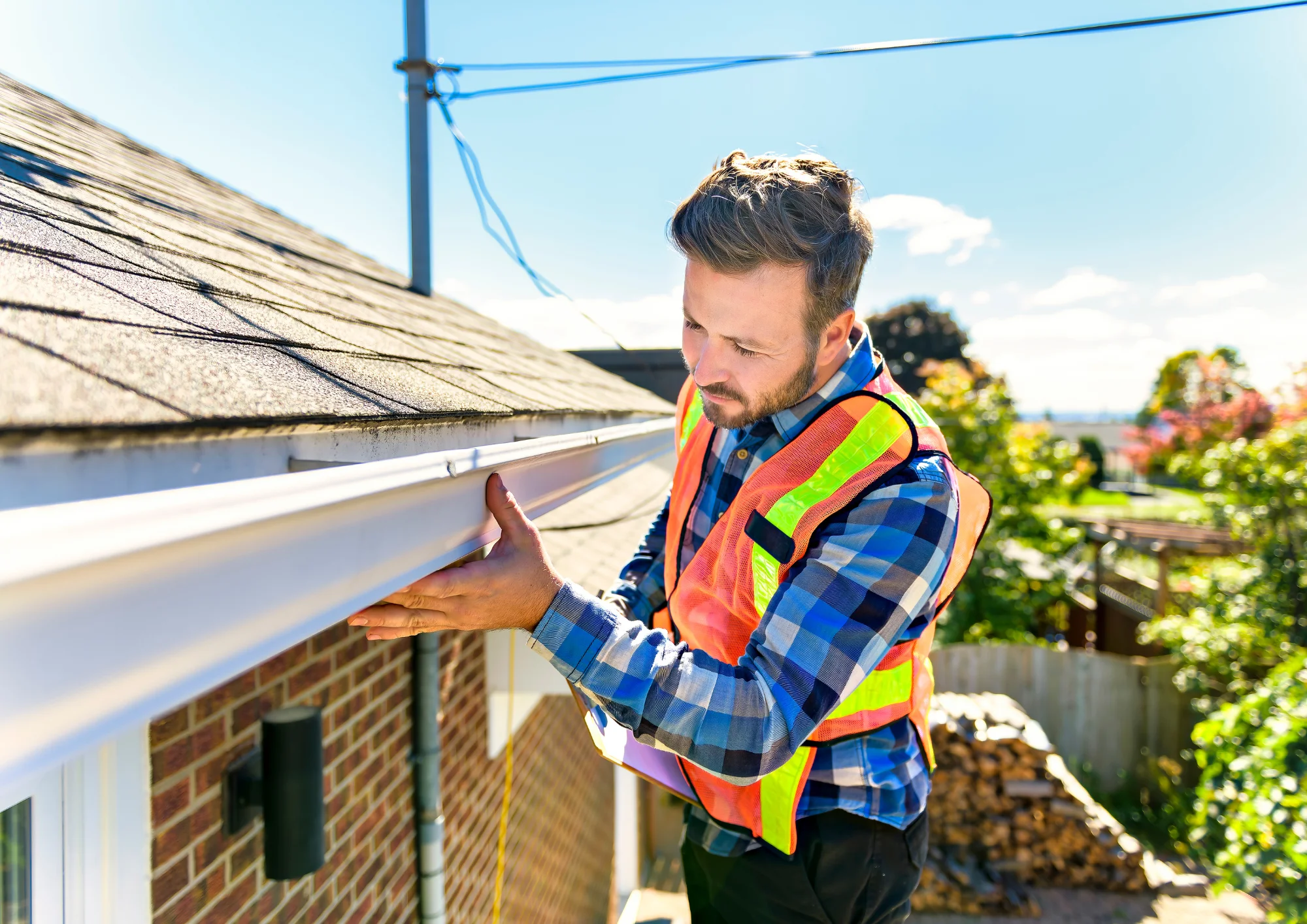 A roofing contractor on a ladder examining a house roof to determine if it needs repair or full replacement in Minnesota.