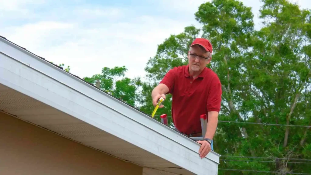 Homeowner using a roof inspection checklist to assess a roof from the ground