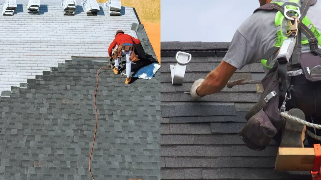 Roof repair work next to a new roof installation