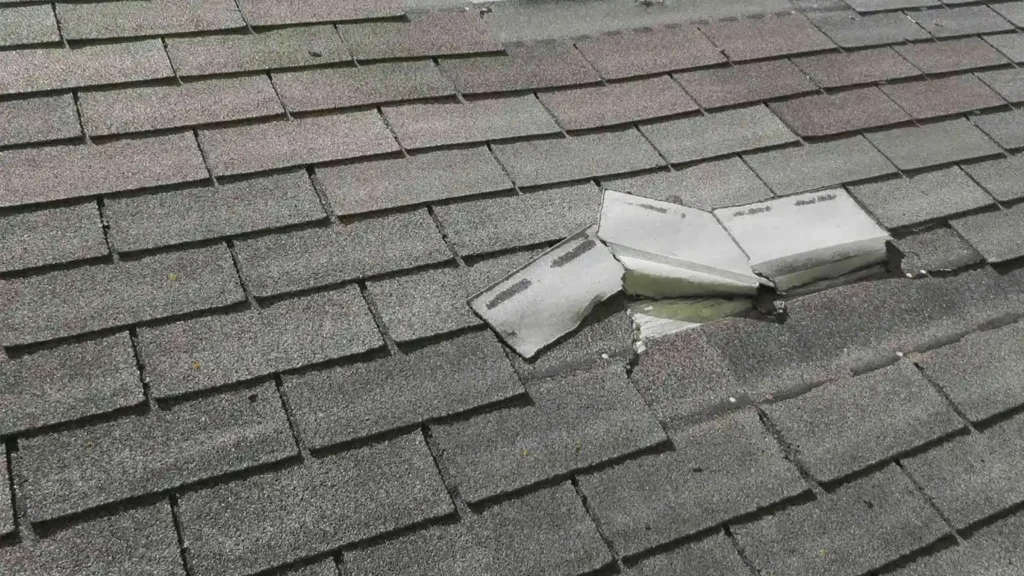Damaged shingles on a residential roof